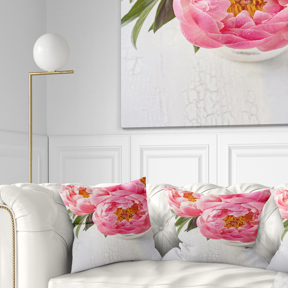 Designart Full Bloom Pink Peony Flowers - Floral Throw Pillow - 18x18