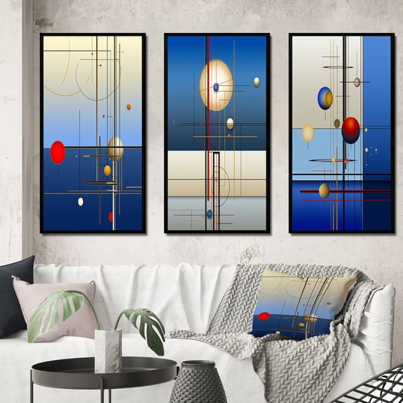 Designart "Full Moon Awareness in Futuristic Minimalism IV" Modern Geometric Framed Wall Art Set Of 3 - Blue Abstract Frame Gallery Wall Set For Home Decor