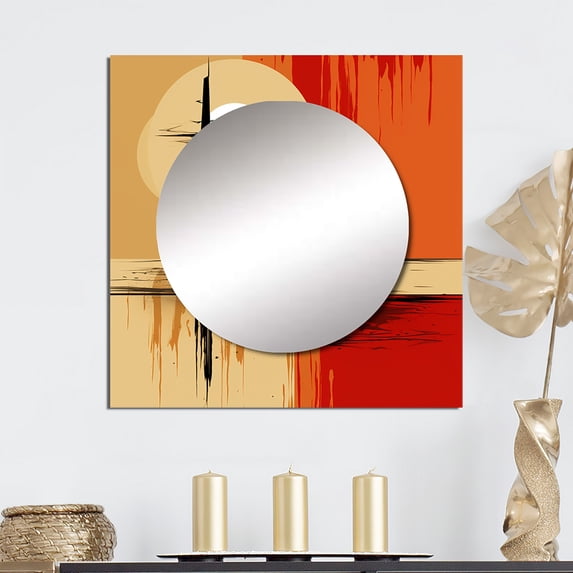 Designart "Full Moon Celebration Of Solitude Scenery" Modern Geometric Square Mirror For Wall Decor - Large Orange Square Mirror Printed Wall Decor - Modern Square Living Room Mirror