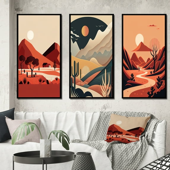 Designart "Full Moon Gazing Over Terra Cotta Mountains I" Landscape Mountains Framed Wall Art Set Of 3 - Orange Mountains Frame Canvas Set For Living Room Decor