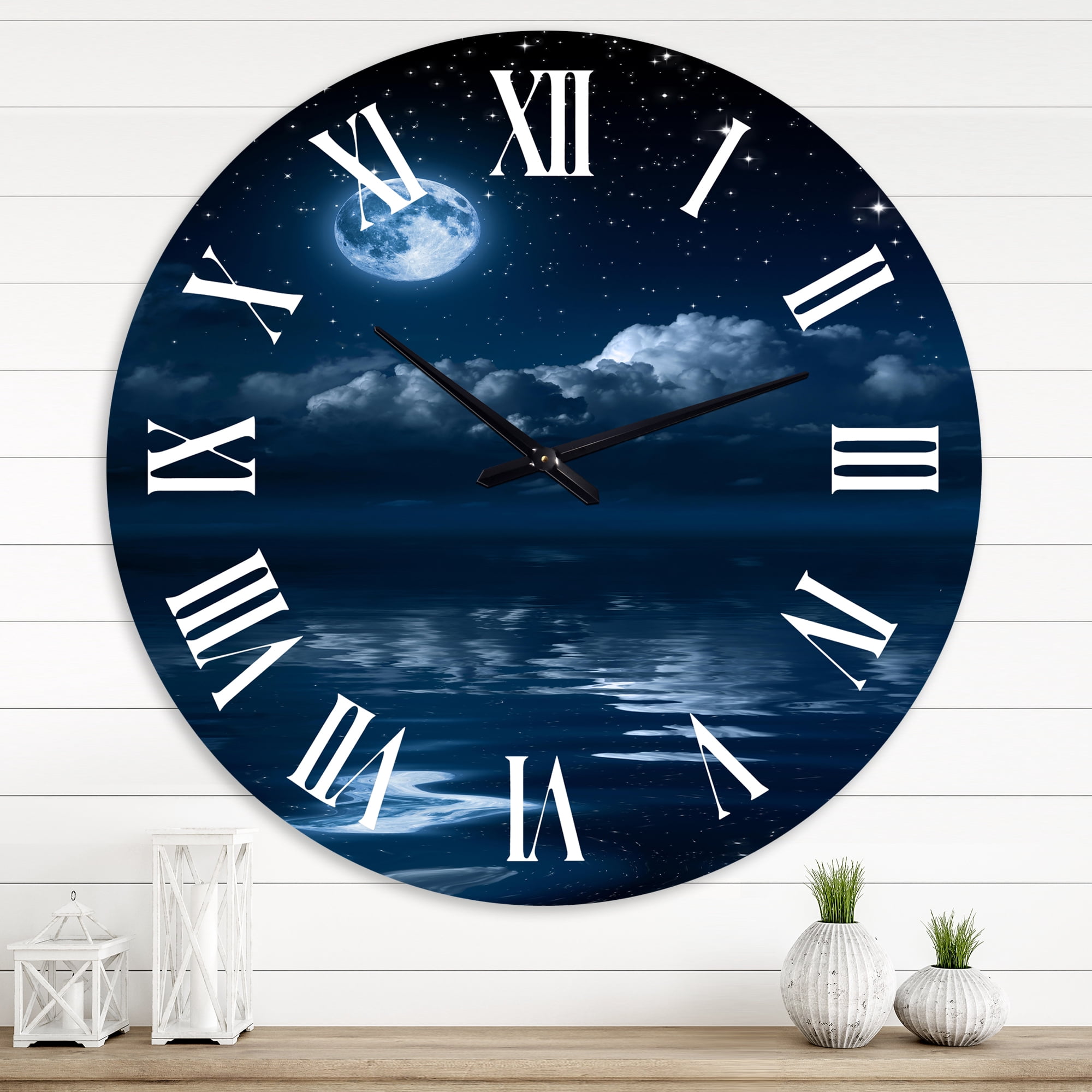 Designart 'Full Moon In Cloudy Night Sky I' Nautical & Coastal Wall Clock