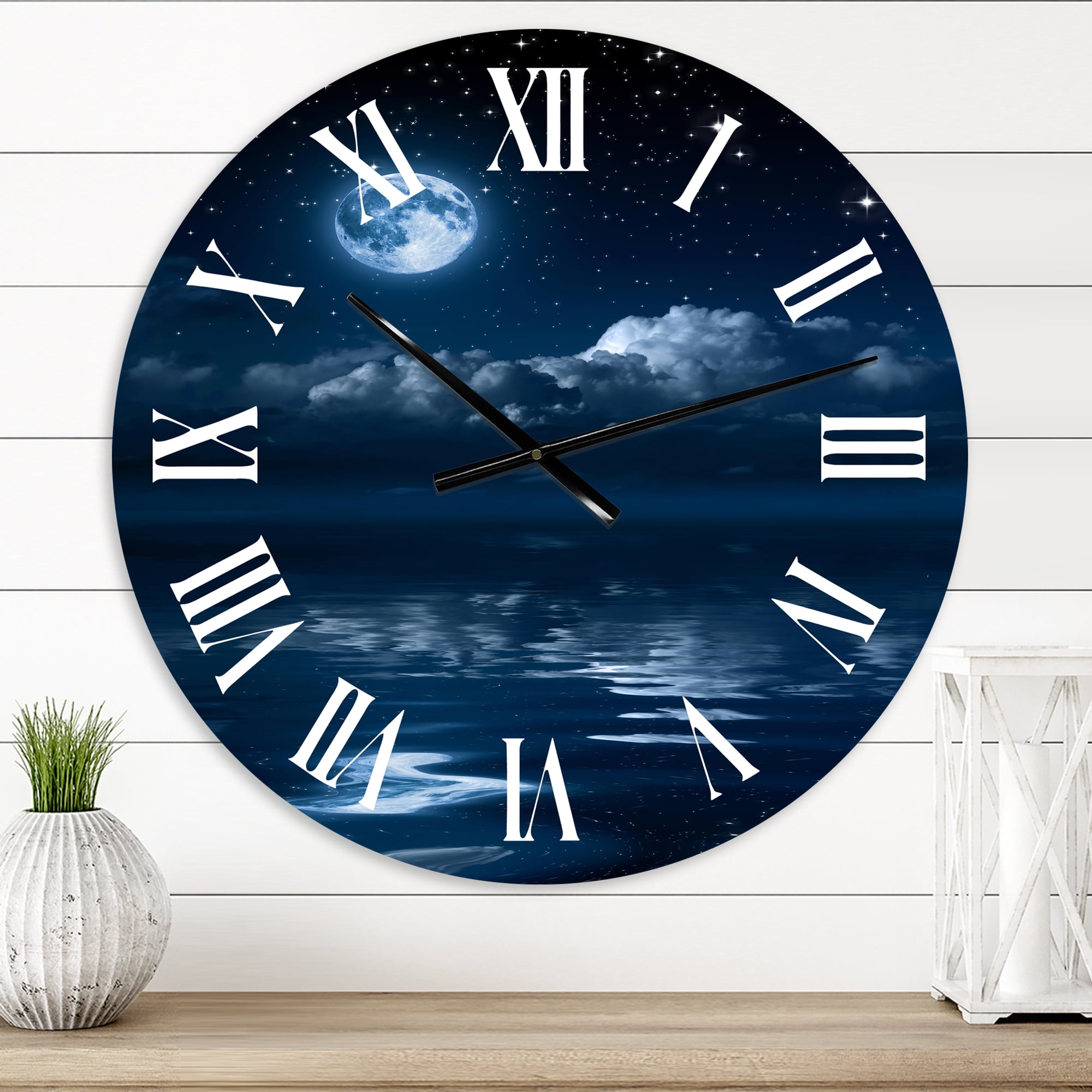 Designart 'Full Moon In Cloudy Night Sky I' Nautical & Coastal Wall Clock