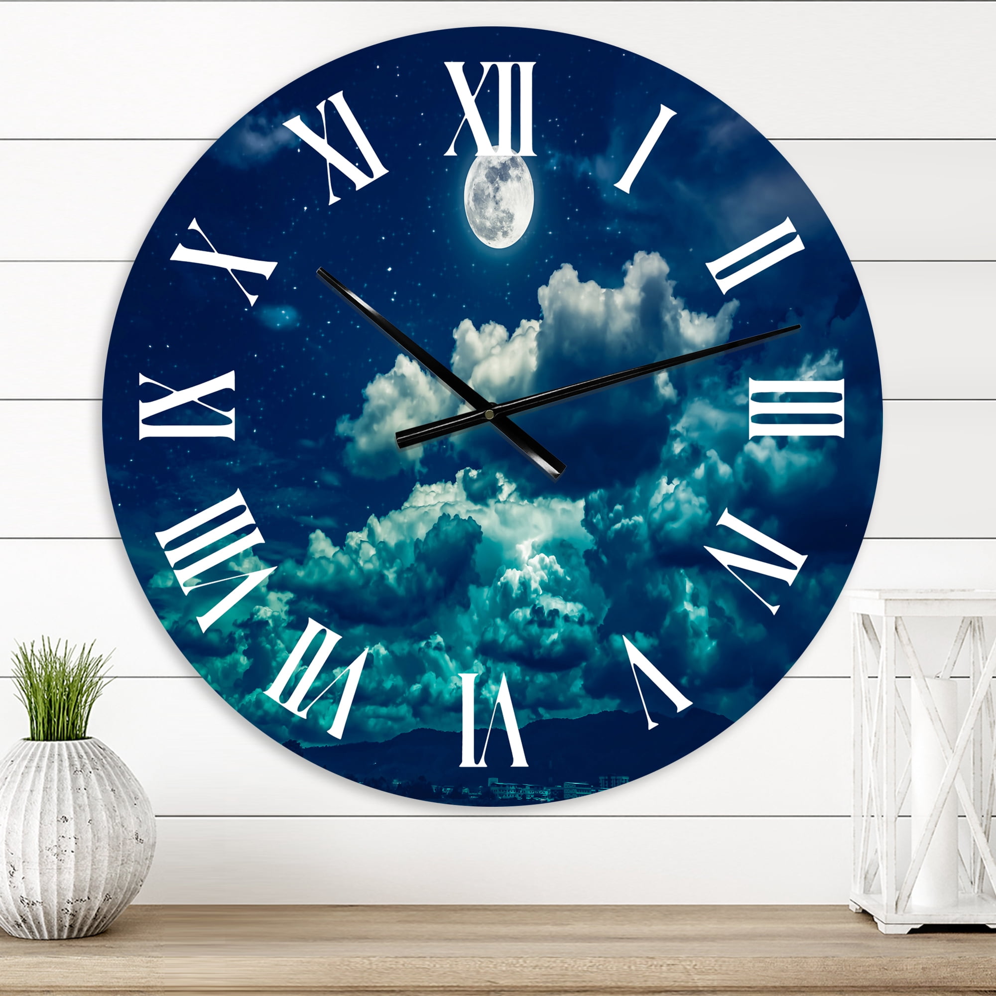 Designart 'Full Moon In Cloudy Night Sky Ii' Nautical & Coastal Wall Clock