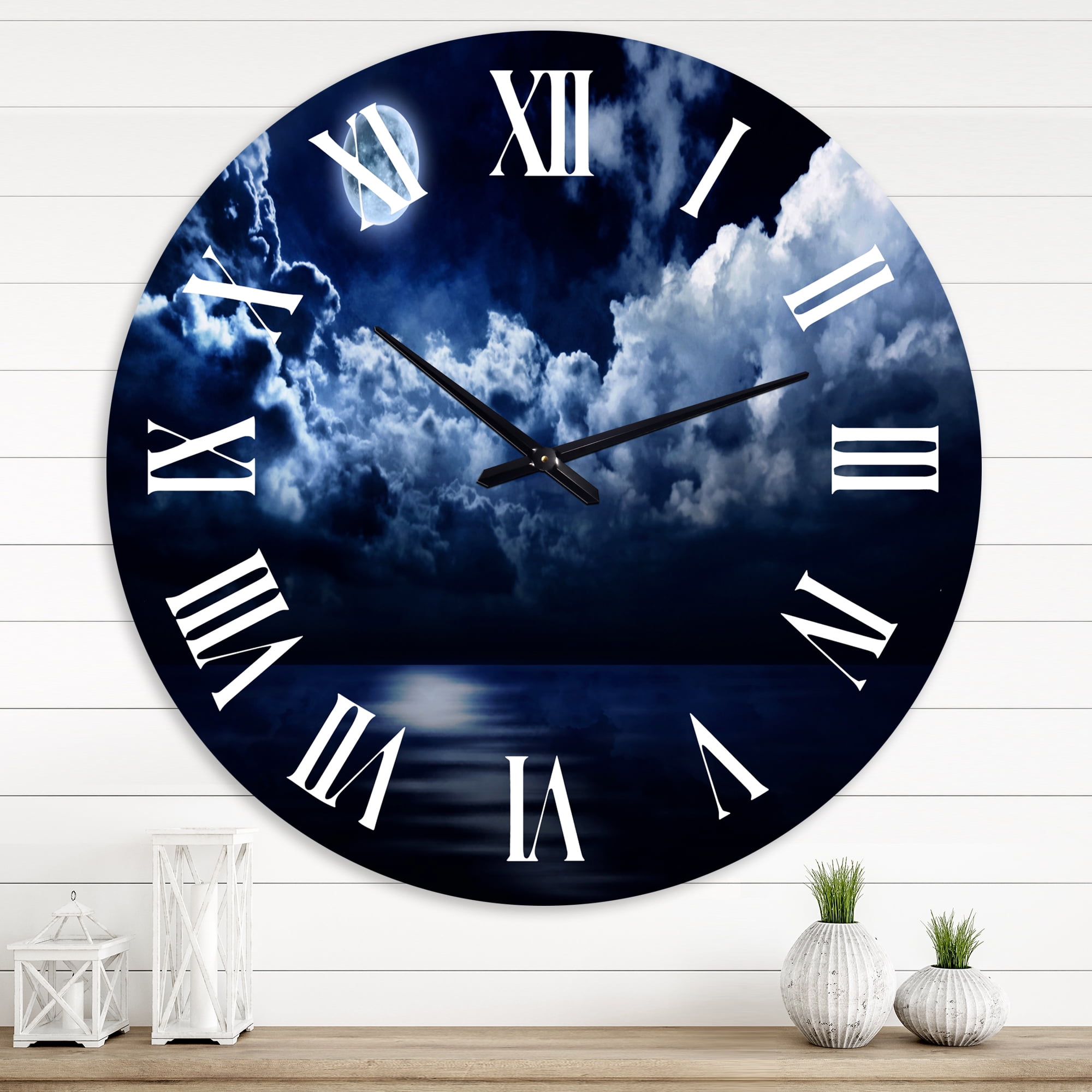 Designart 'Full Moon In Cloudy Night Sky' Modern Wall Clock