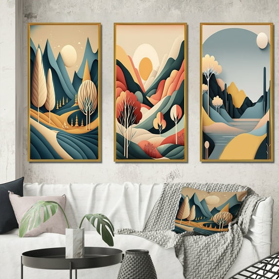 Designart "Full Moon Mountain Serenity Scene I" Landscape Mountains Framed Wall Art Set Of 3 - Yellow Mountains Frame Gallery Wall Set For Home Decor