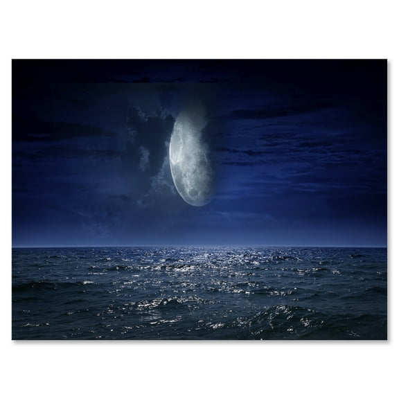 Designart ' Full Moon Night Over Dark Ocean ' Nautical & Coastal Canvas Wall Art Print