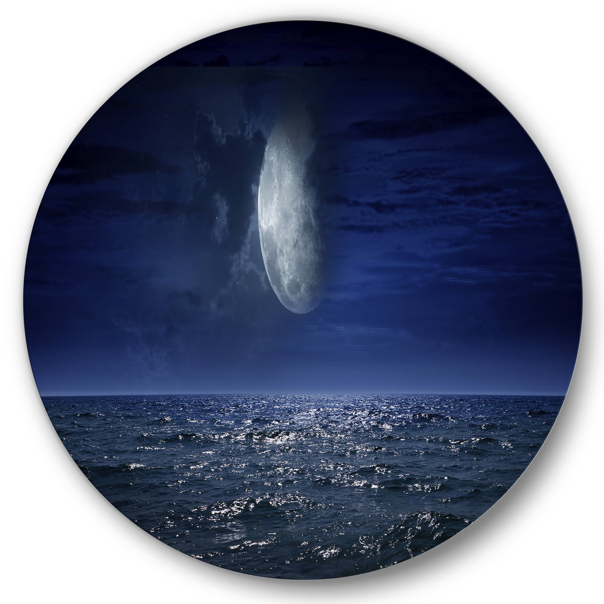 Designart 'Full Moon Night Over Dark Ocean' Nautical & Coastal Circle Metal Wall Art 36x36 - Disc of 36