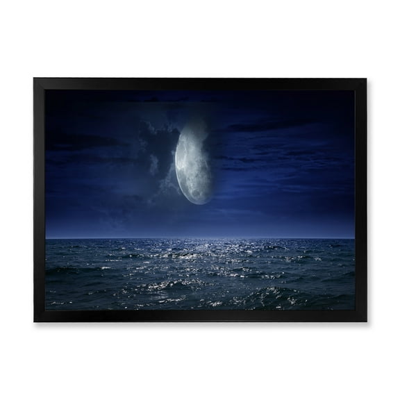 Designart 'Full Moon Night Over Dark Ocean' Nautical & Coastal Framed Art Print