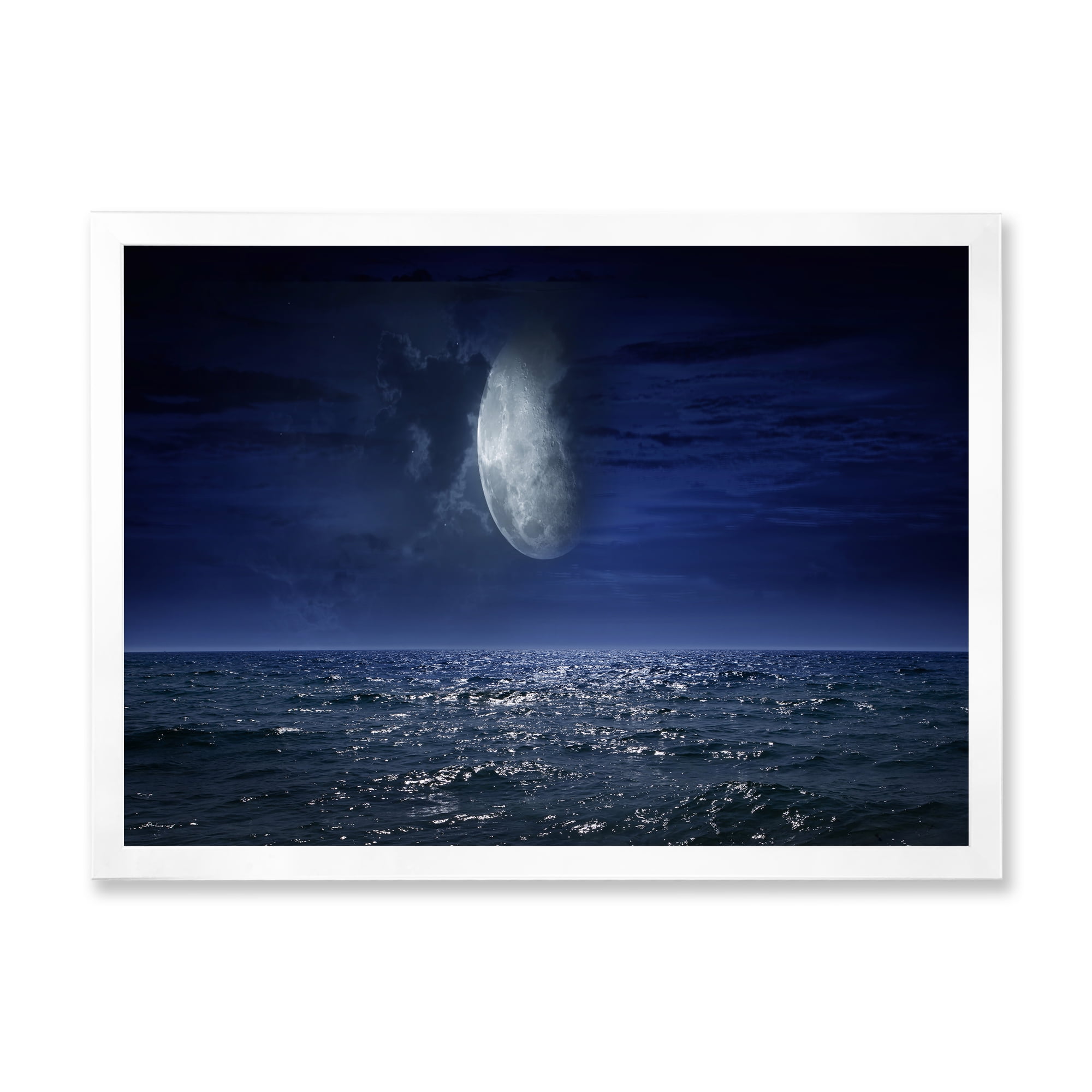 Designart 'Full Moon Night Over Dark Ocean' Nautical & Coastal Framed Art Print