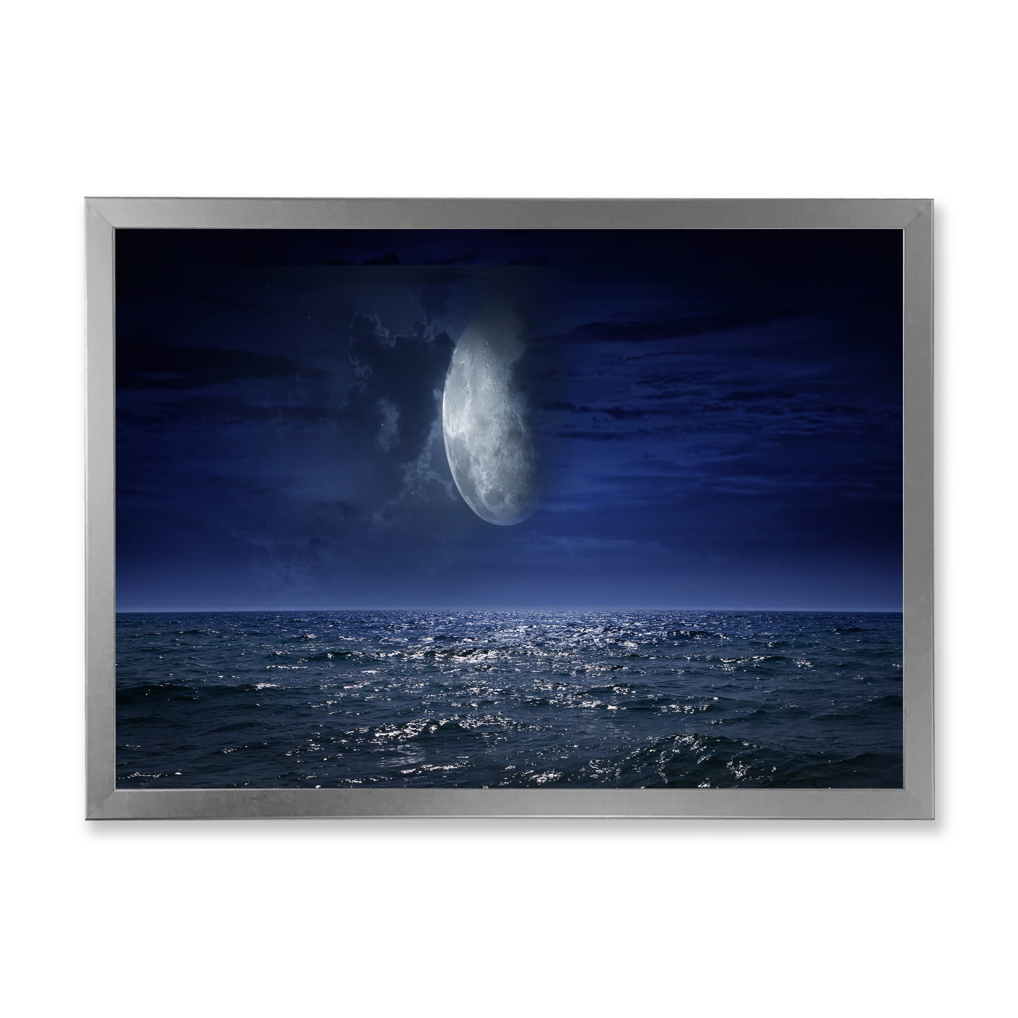 Designart 'Full Moon Night Over Dark Ocean' Nautical & Coastal Framed Art Print