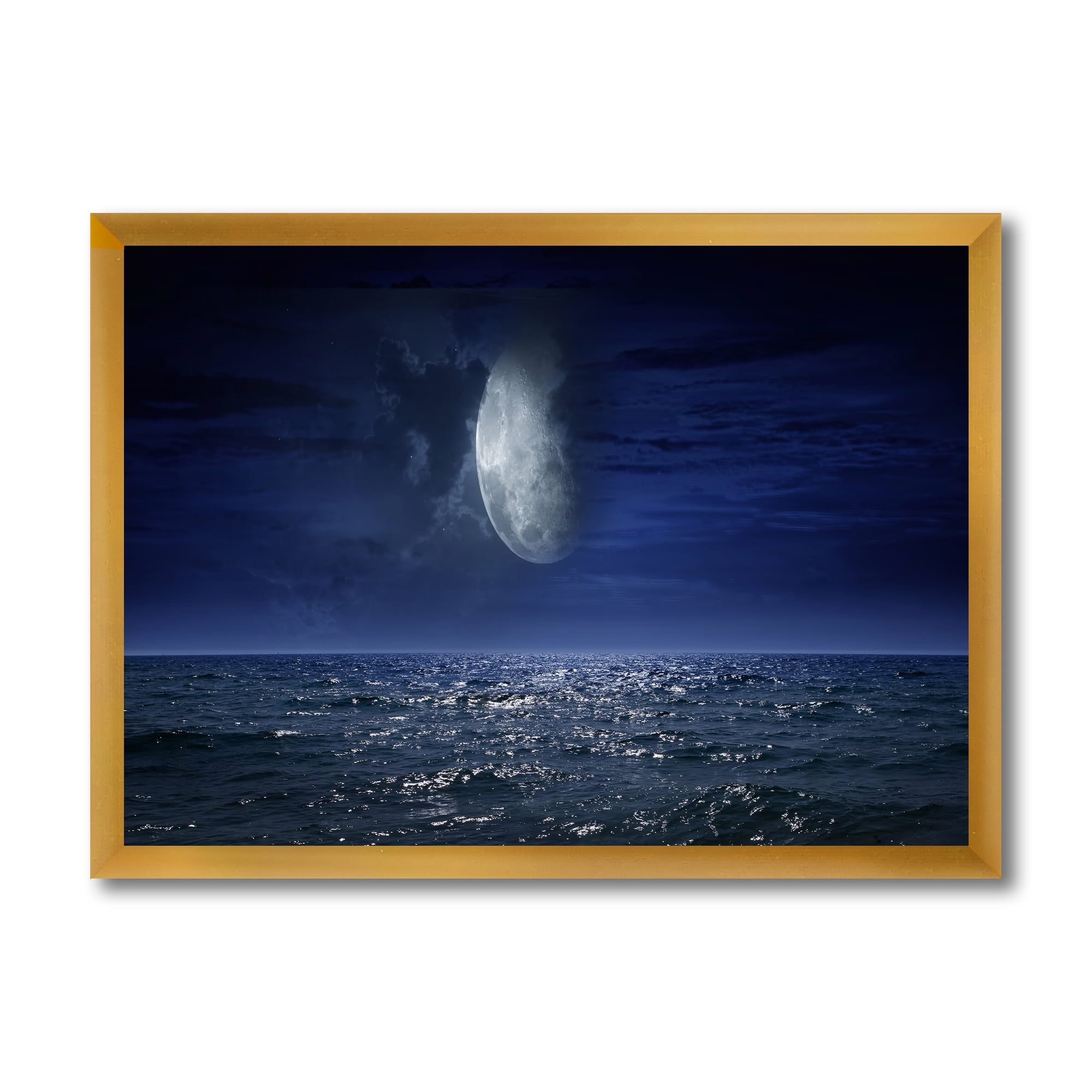 Designart 'Full Moon Night Over Dark Ocean' Nautical & Coastal Framed Art Print