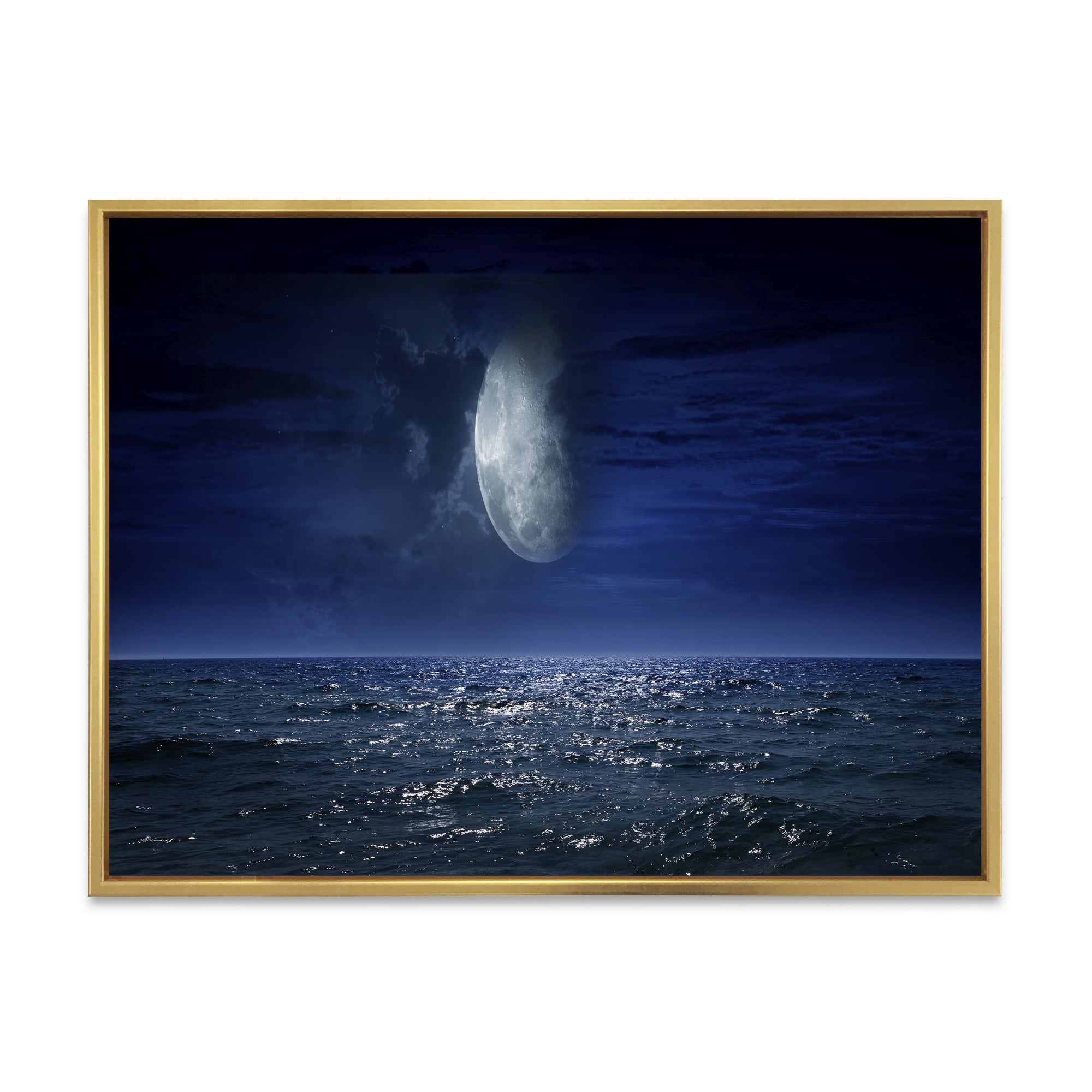 Designart 'Full Moon Night Over Dark Ocean' Nautical & Coastal Framed Canvas Wall Art Print