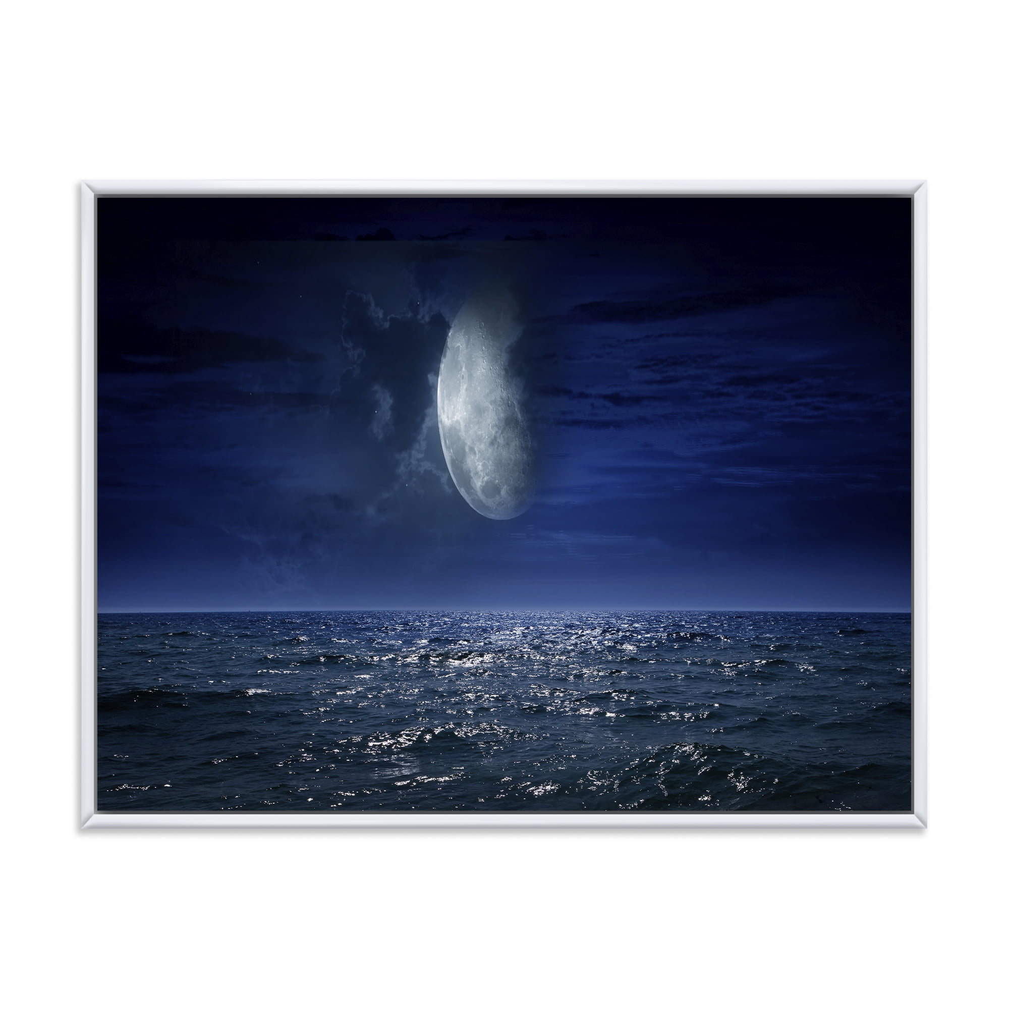 Designart 'Full Moon Night Over Dark Ocean' Nautical & Coastal Framed Canvas Wall Art Print
