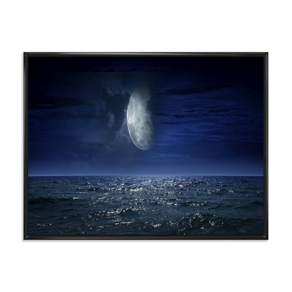 Designart 'Full Moon Night Over Dark Ocean' Nautical & Coastal Framed Canvas Wall Art Print