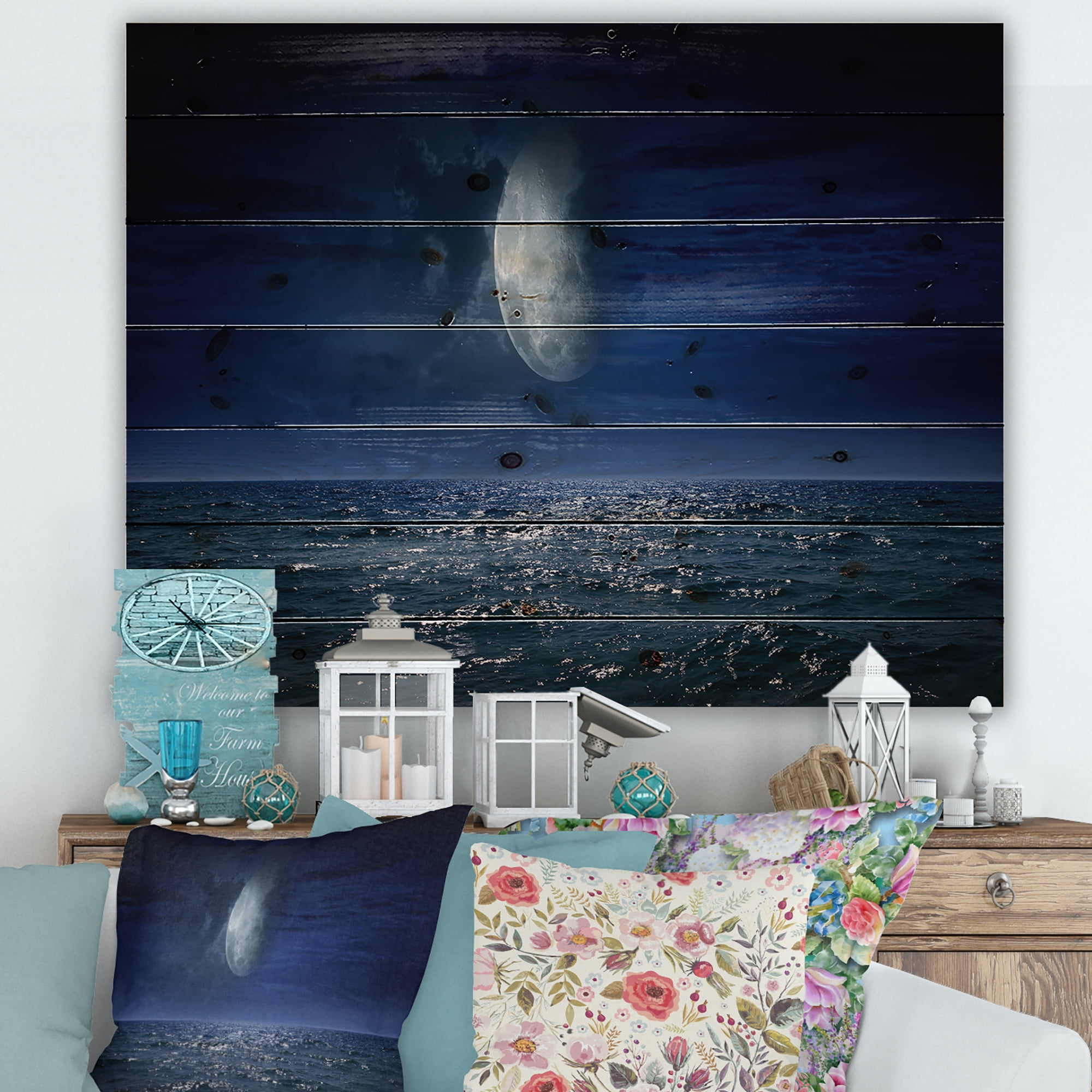 Designart 'Full Moon Night Over Dark Ocean' Nautical & Coastal Print on Natural Pine Wood