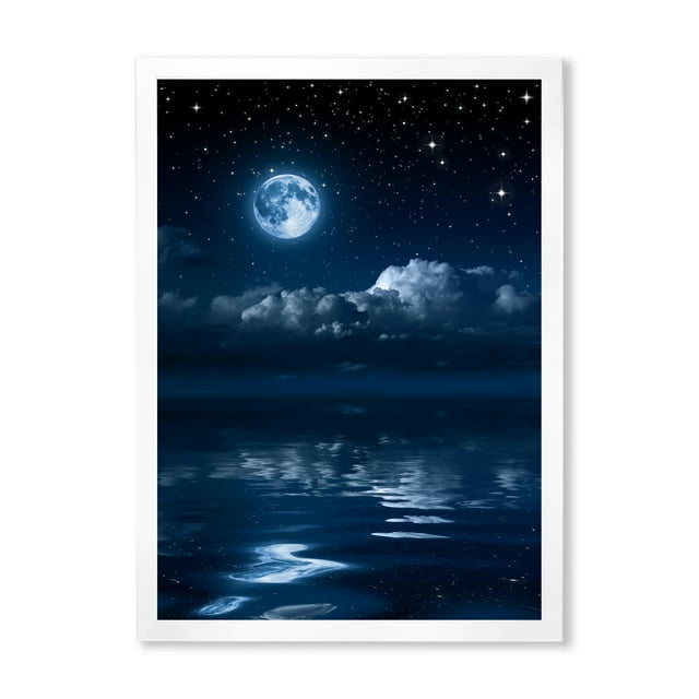 Designart 'Full Moon Night in Cloudy Sky I' Nautical & Coastal Framed Art Print