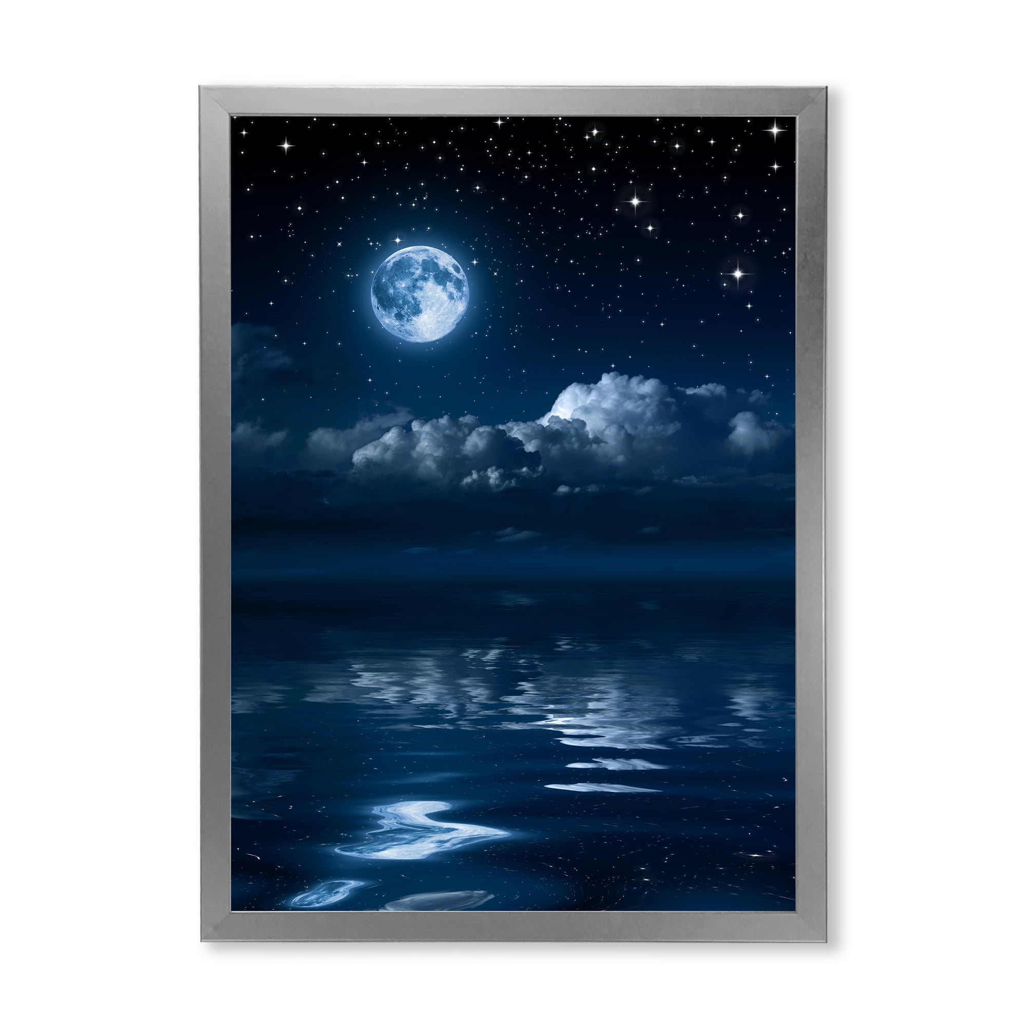 Designart 'Full Moon Night in Cloudy Sky I' Nautical & Coastal Framed Art Print