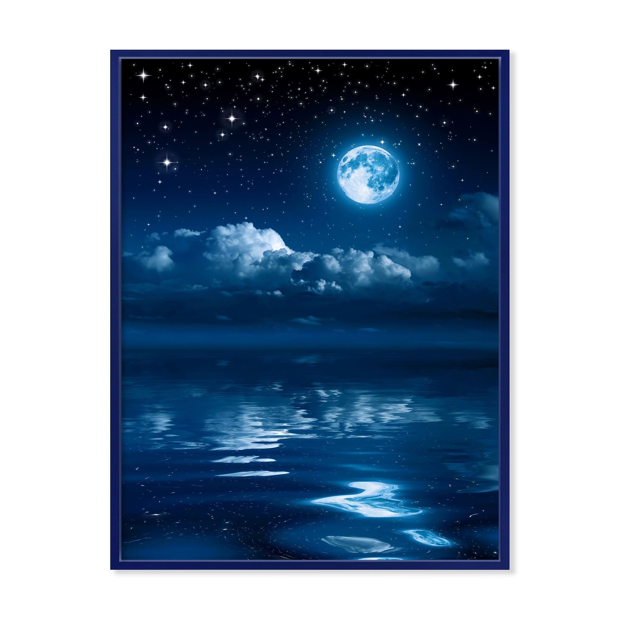 Designart 'Full Moon Night in Cloudy Sky I' Nautical & Coastal Framed Canvas Wall Art Print
