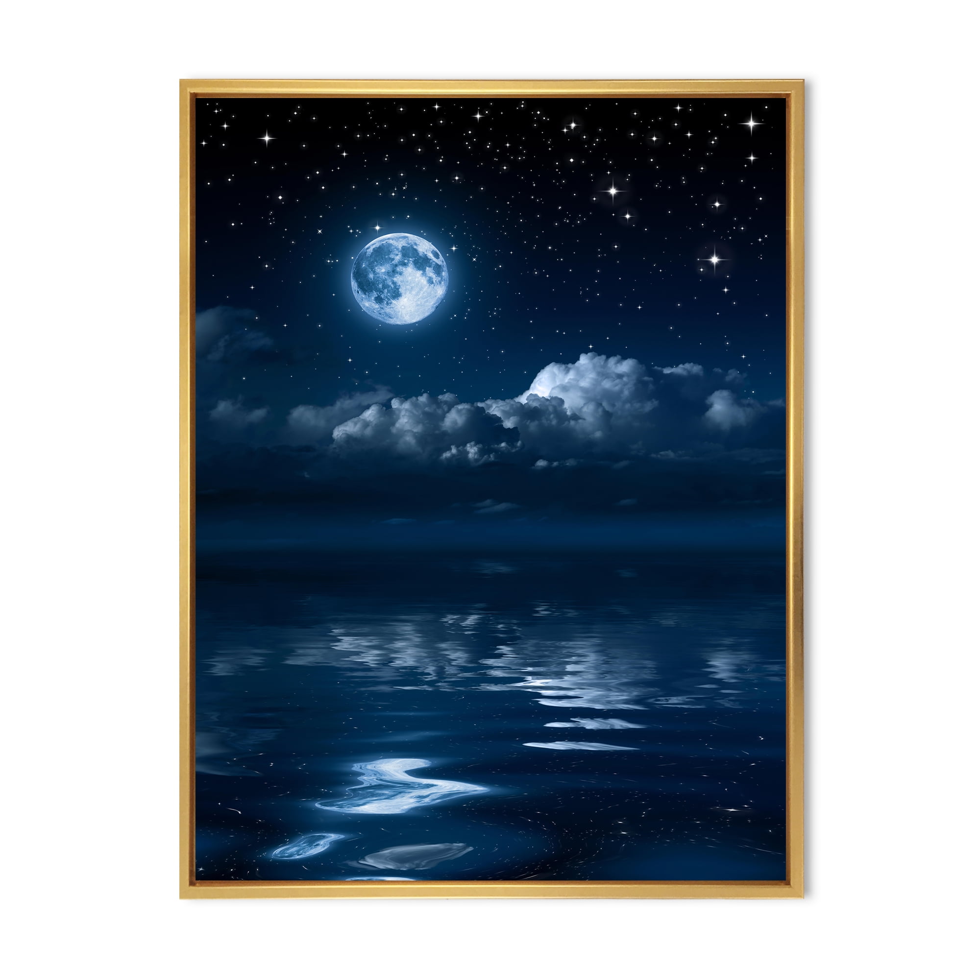 Designart 'Full Moon Night in Cloudy Sky I' Nautical & Coastal Framed Canvas Wall Art Print