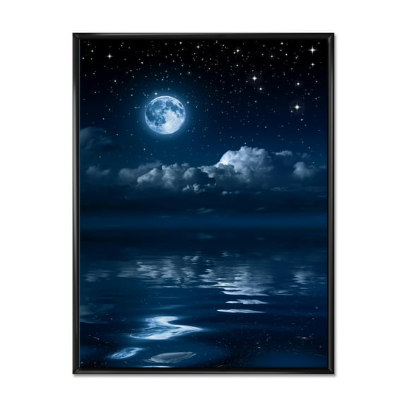 Designart 'Full Moon Night in Cloudy Sky I' Nautical & Coastal Framed Canvas Wall Art Print