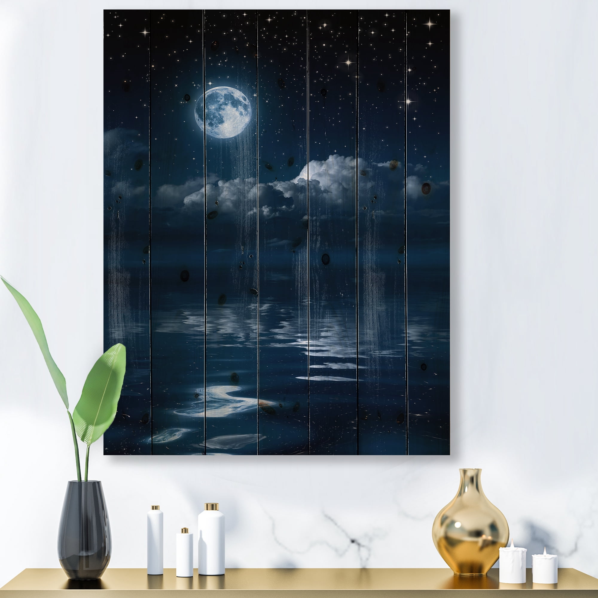 Designart 'Full Moon Night in Cloudy Sky I' Nautical & Coastal Print on Natural Pine Wood
