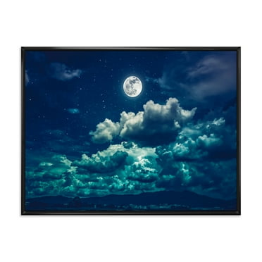 Designart 'Full Moon Night in Cloudy Sky II' Nautical & Coastal Framed Canvas Wall Art Print