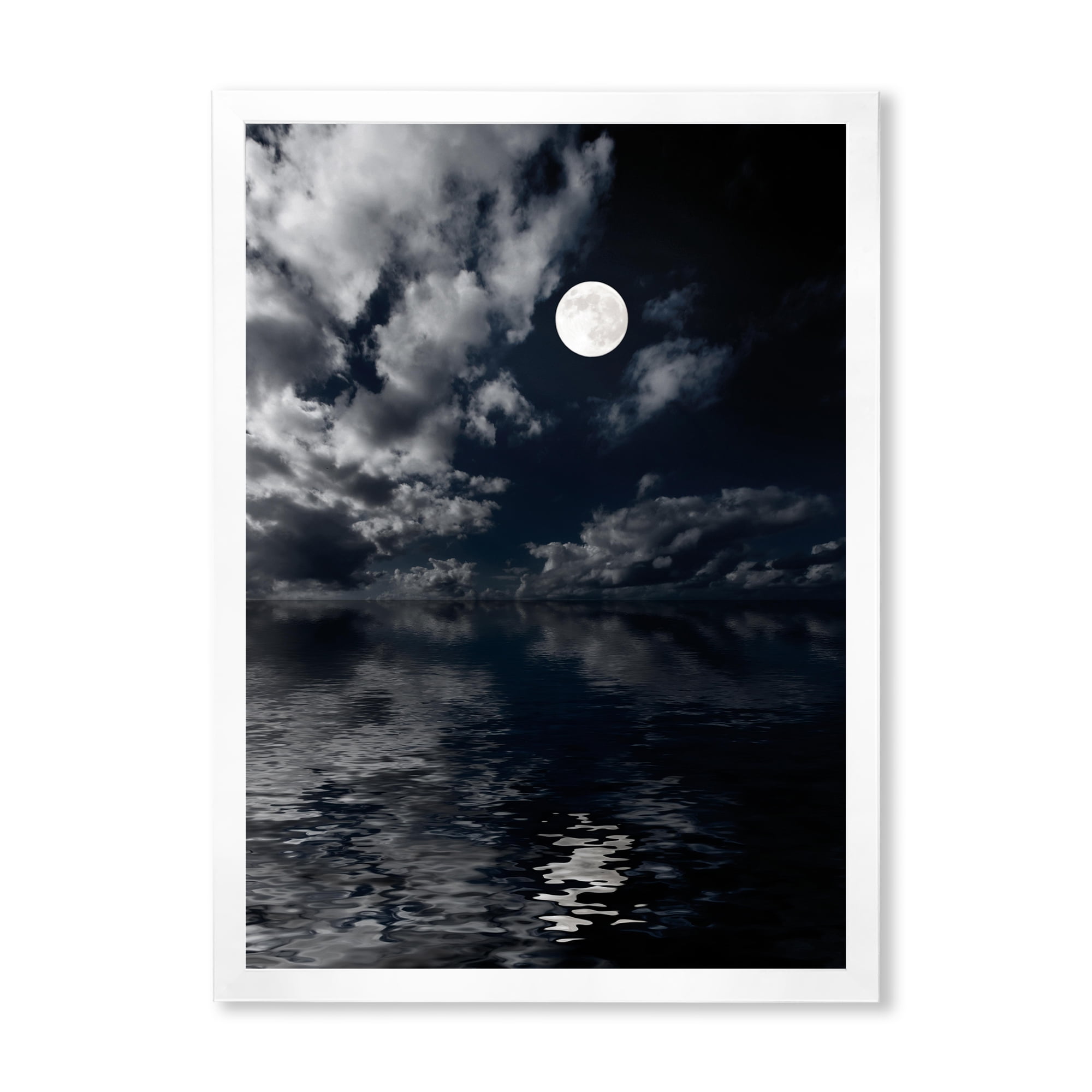 Designart 'Full Moon Night in Cloudy Sky IV' Nautical & Coastal Framed Art Print