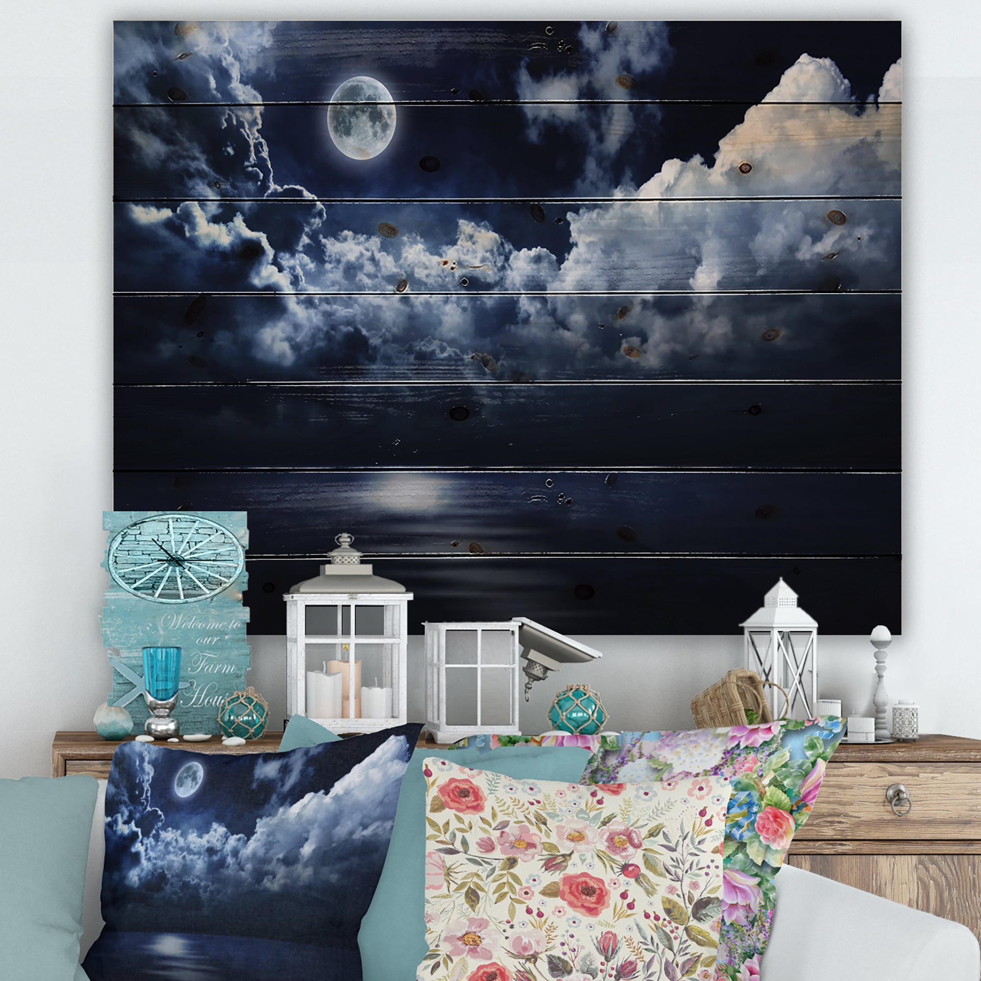 Designart 'Full Moon Night in Cloudy Sky' Modern Print on Natural Pine Wood
