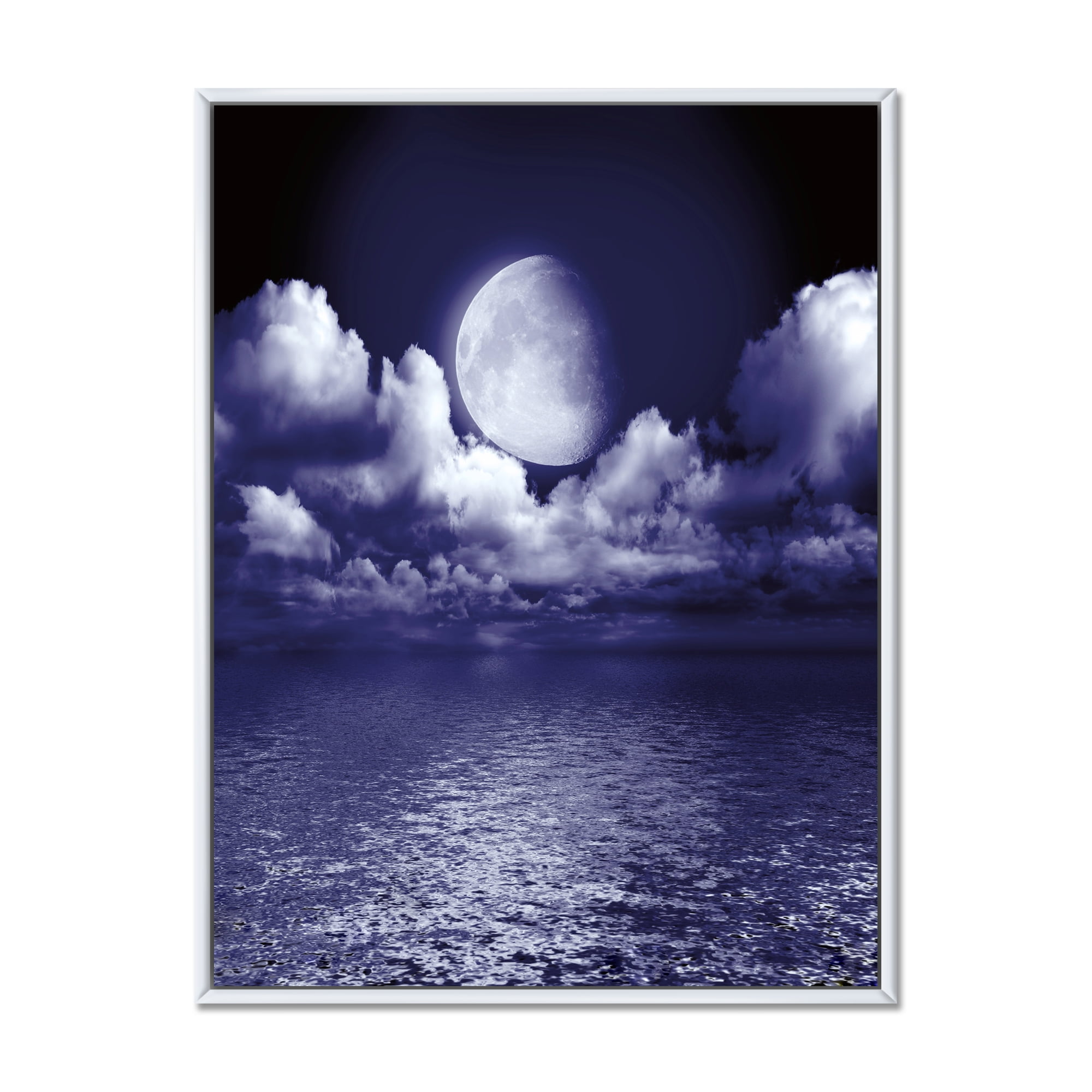 Designart 'Full Moon Night in Cloudy Sky V' Nautical & Coastal Framed Canvas Wall Art Print