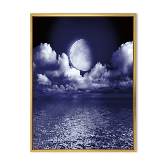 Designart 'Full Moon Night in Cloudy Sky V' Nautical & Coastal Framed Canvas Wall Art Print