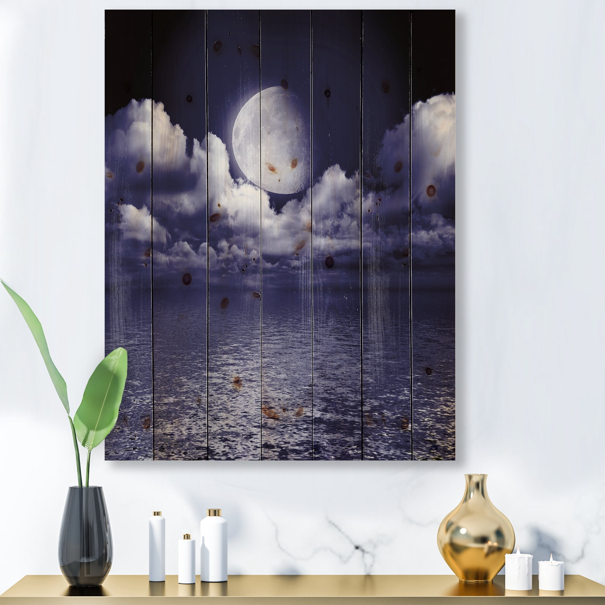 Designart 'Full Moon Night in Cloudy Sky V' Nautical & Coastal Print on Natural Pine Wood