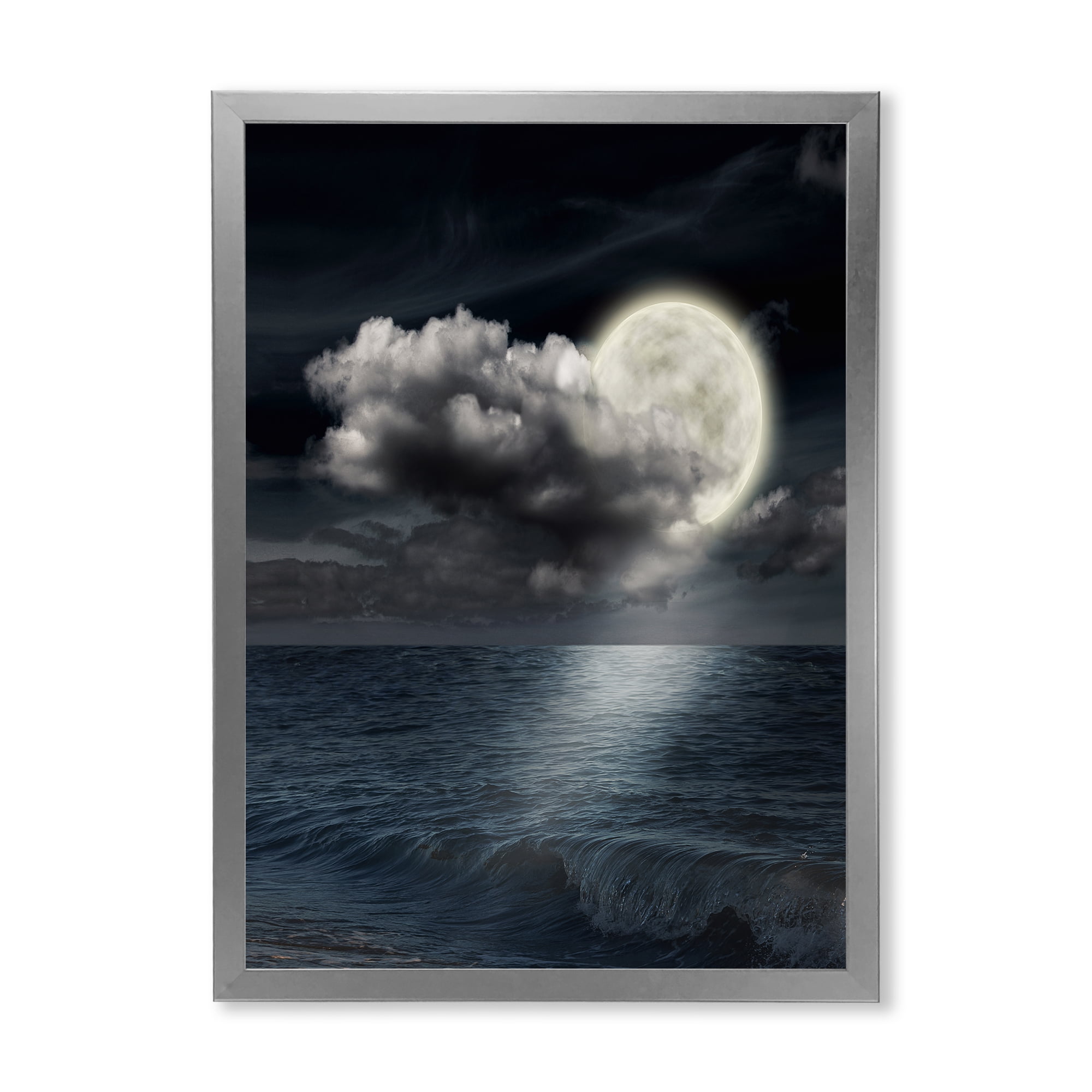 Designart 'Full Moon Night in Cloudy Sky VI' Nautical & Coastal Framed Art Print