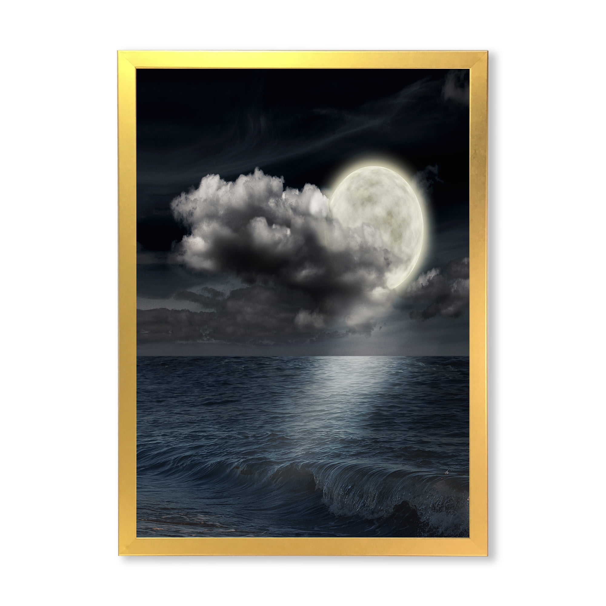 Designart 'Full Moon Night in Cloudy Sky VI' Nautical & Coastal Framed Art Print