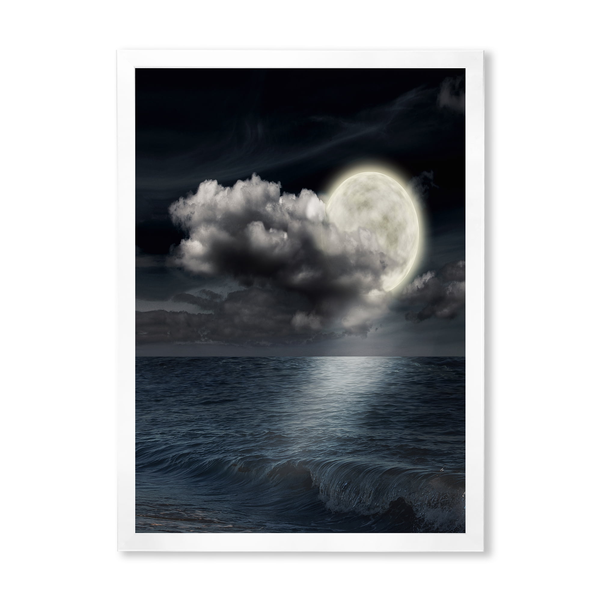 Designart 'Full Moon Night in Cloudy Sky VI' Nautical & Coastal Framed Art Print