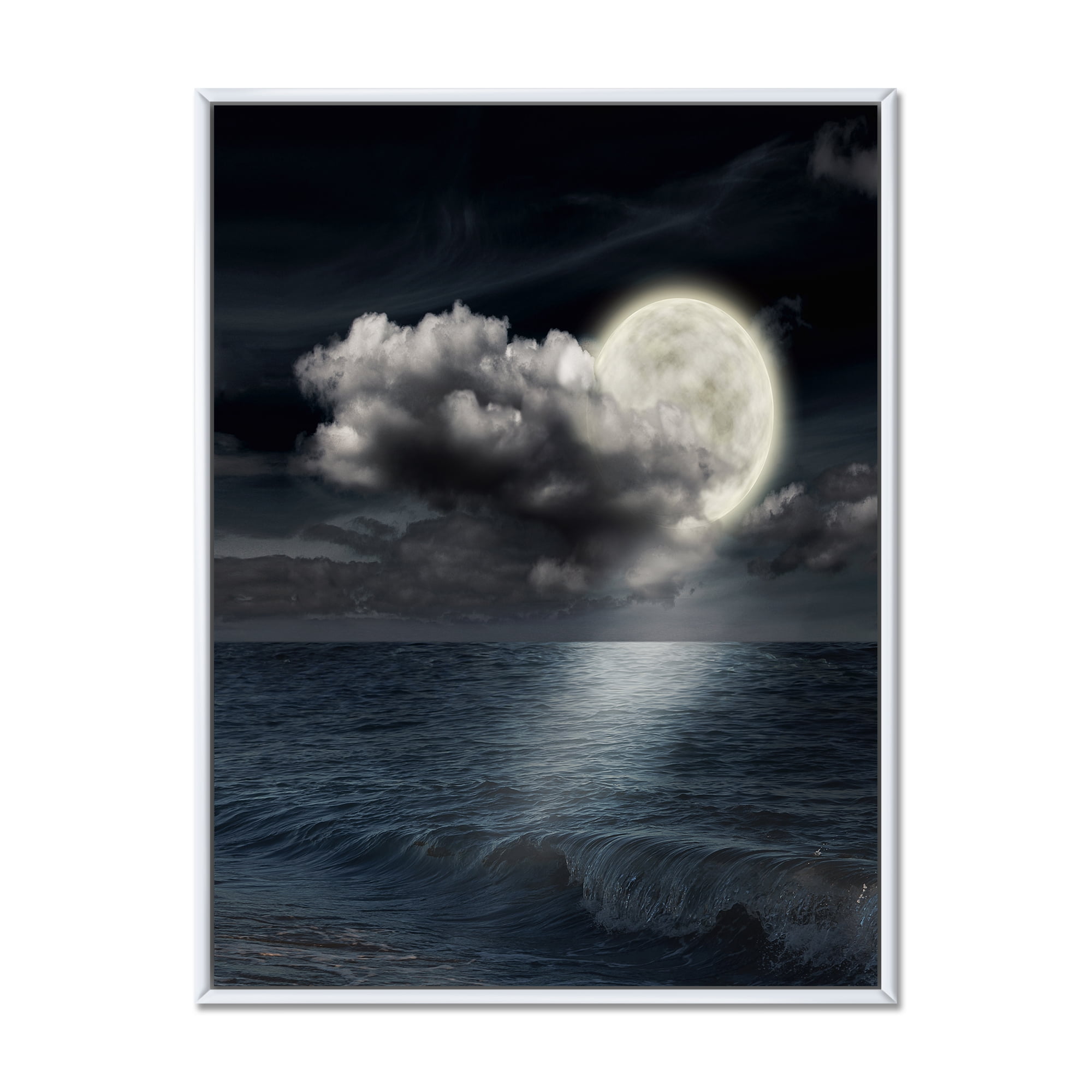 Designart 'Full Moon Night in Cloudy Sky VI' Nautical & Coastal Framed Canvas Wall Art Print