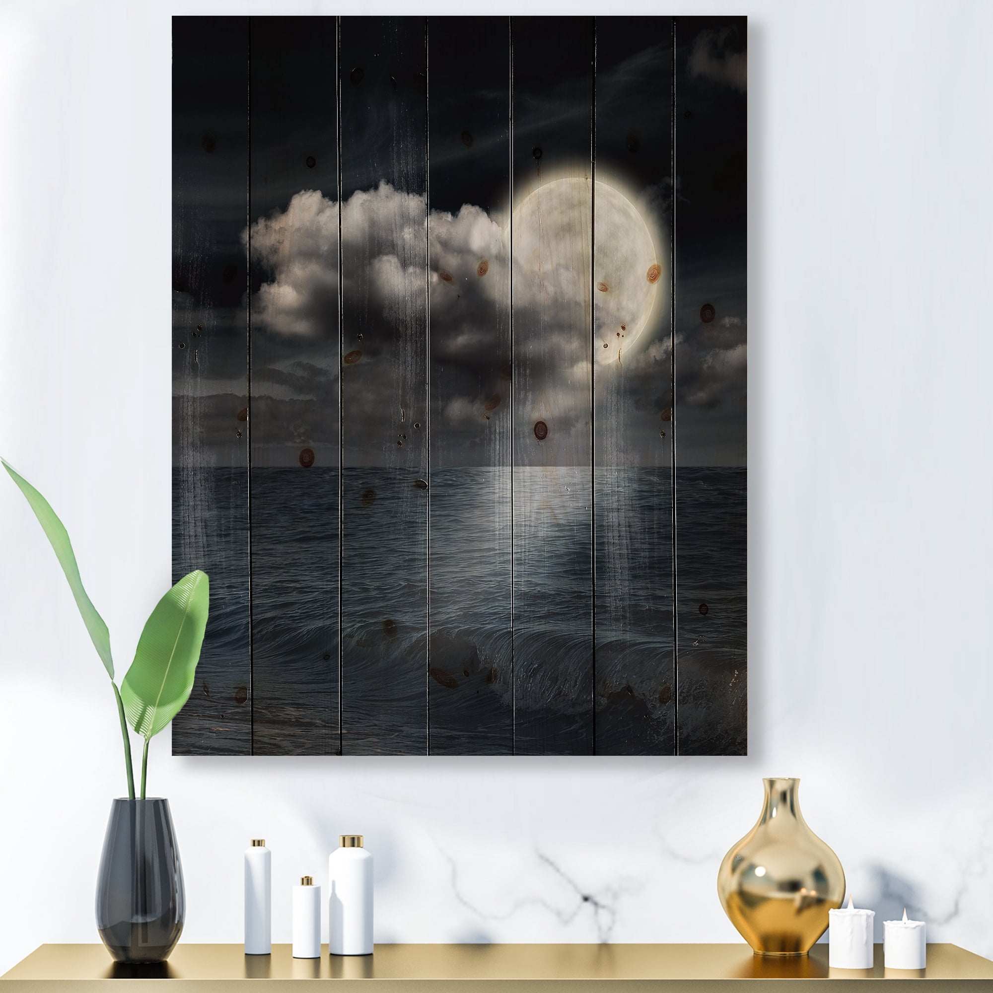 Designart 'Full Moon Night in Cloudy Sky VI' Nautical & Coastal Print on Natural Pine Wood