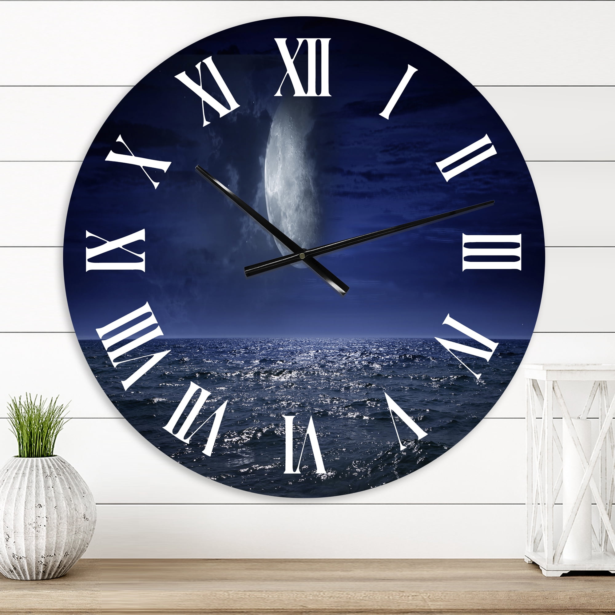 Designart 'Full Moon Over Dark Ocean At Night' Nautical & Coastal Wall Clock