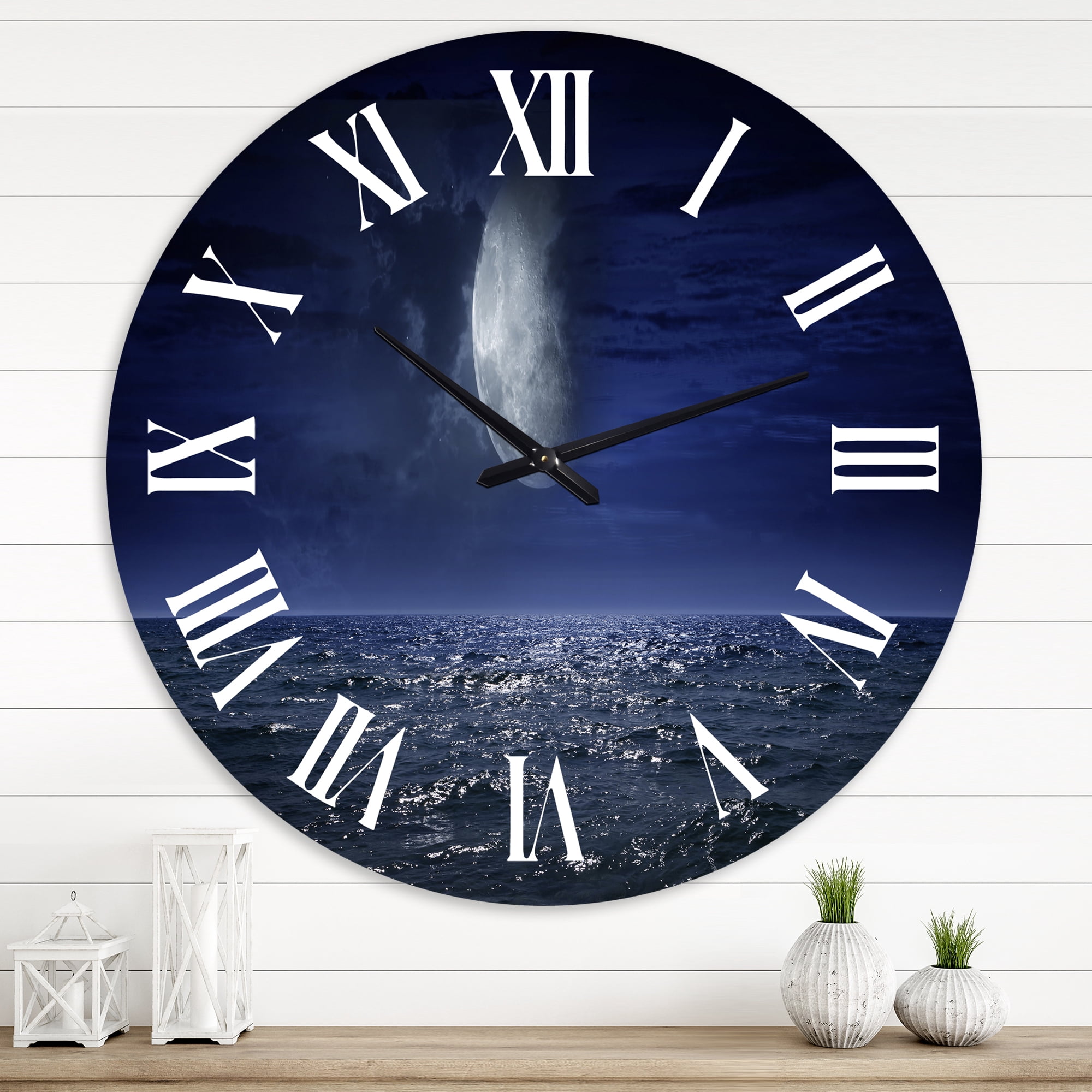 Designart 'Full Moon Over Dark Ocean At Night' Nautical & Coastal Wall Clock