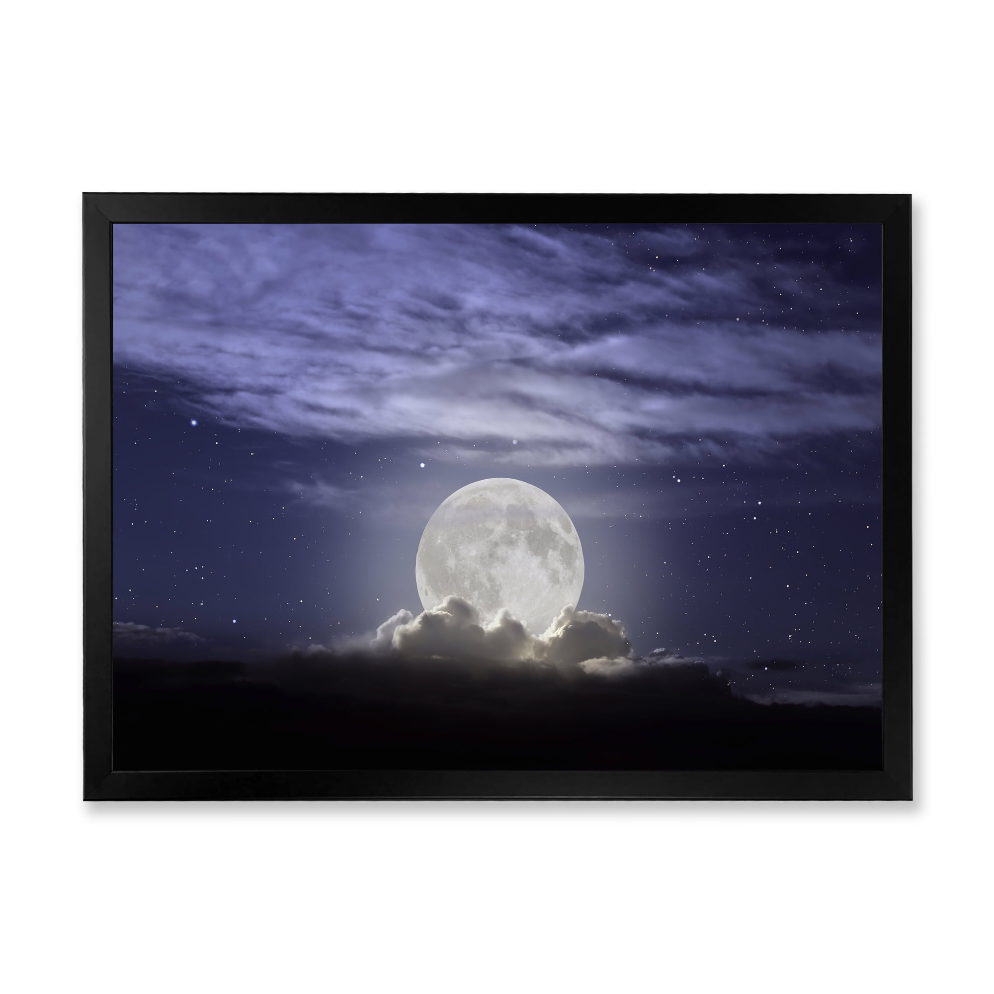 Designart 'Full Moon Rising In A Cloudy Night Sky' Nautical & Coastal Framed Art Print