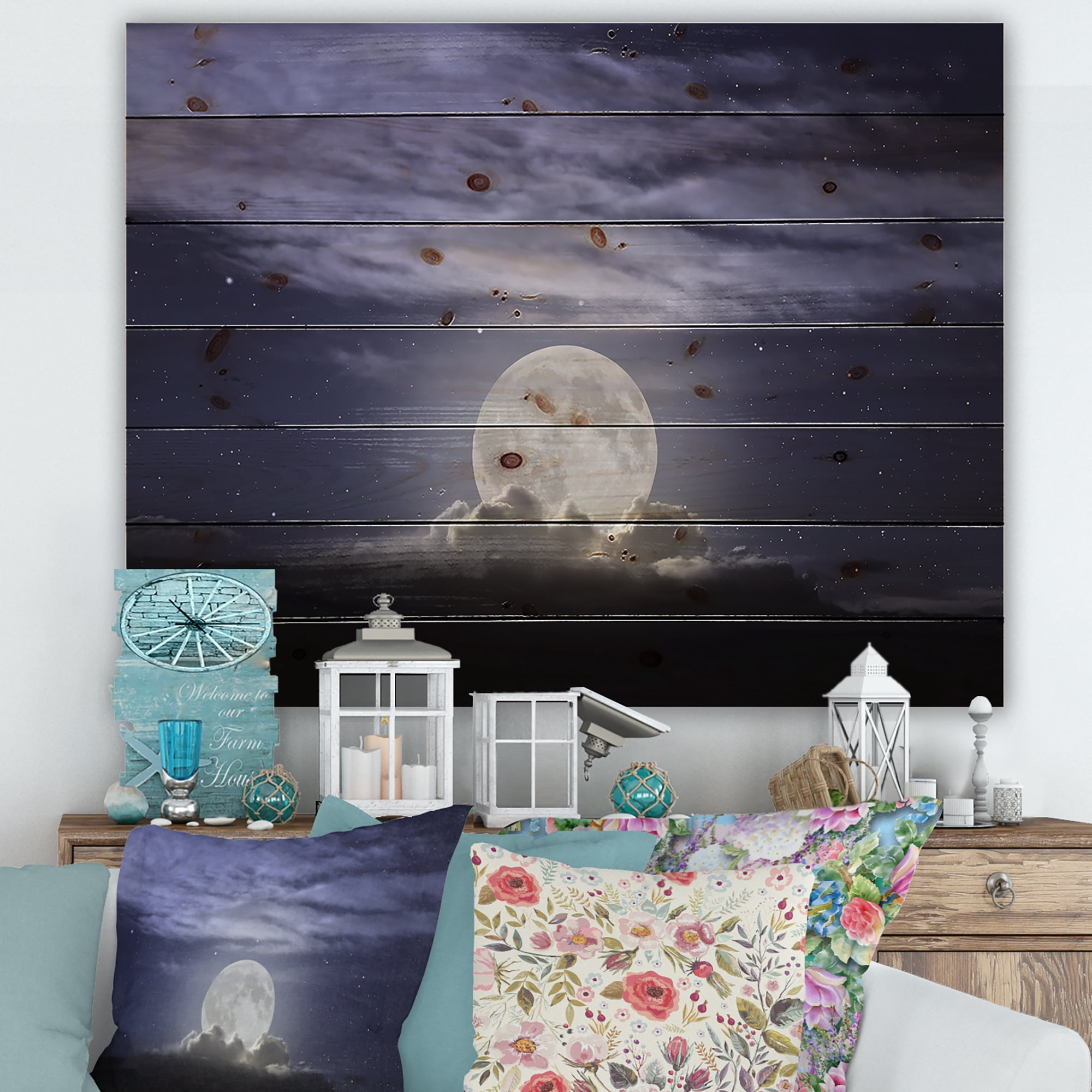 Designart 'Full Moon Rising In A Cloudy Night Sky' Nautical & Coastal Print on Natural Pine Wood