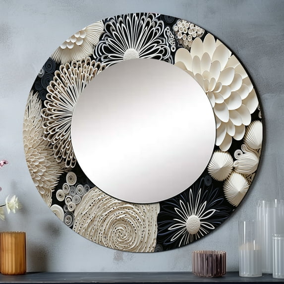 Designart "Full Moon Serenity In Grayscale" Coastal Coral Under Water Rund Mirror For Wall Decor - Large Grey Round Print Mirror - Round Coastal Mirror - Wall Mounted Round Large Mirror - 23" x 23"