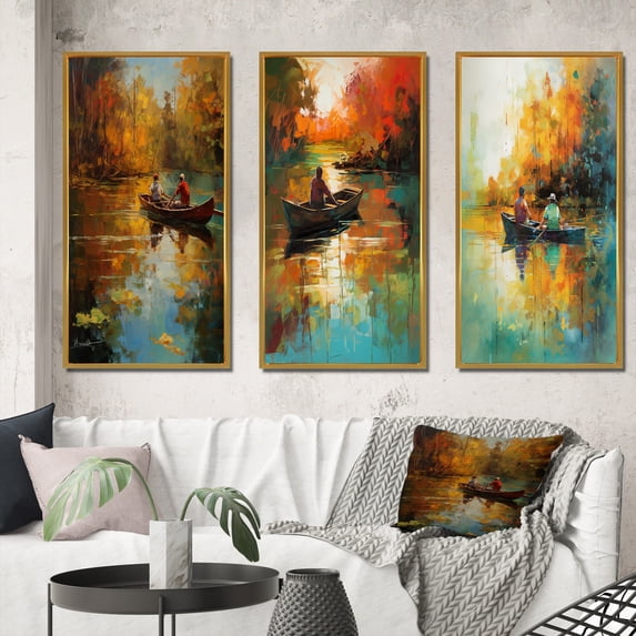 Designart "Full Moon Serenity Rowing at Dusk II" Lakehouse Framed Wall Art Set Of 3 - Blue Lake House Frame Gallery Wall Set For Home Decor