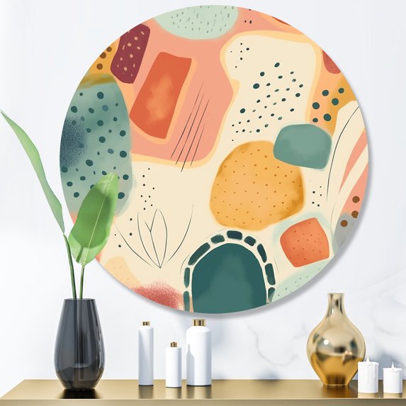 Designart "Fun Patterns of Shapes Orange I" Modern Geometric Metal Round Art Print