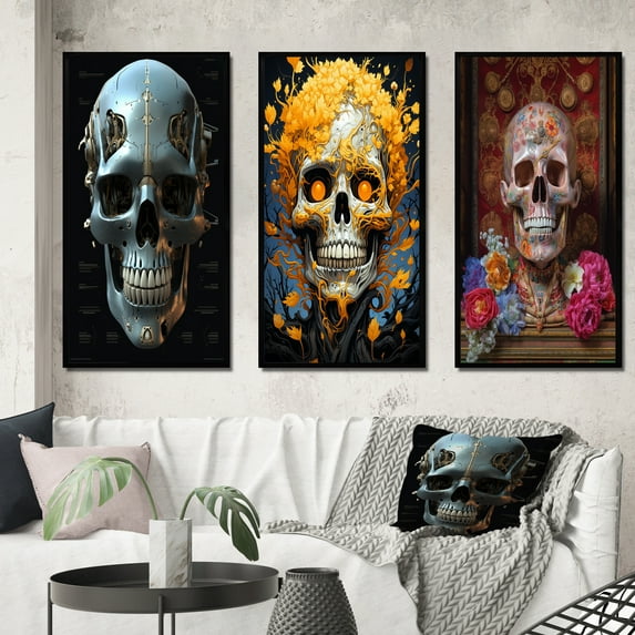 Designart "Funky Halloween Smiling Cyborg Skull I" Skull Framed Wall Art Set Of 3 - Blue Modern Frame Gallery Set For Office Decor