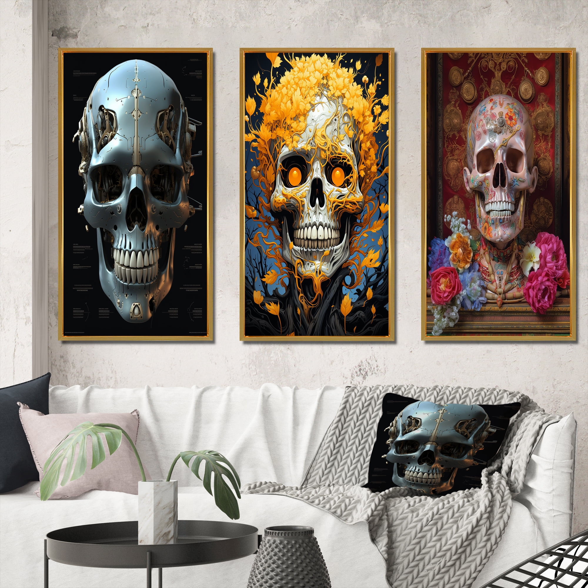 Designart "Funky Halloween Smiling Skull I" Skull Framed Wall