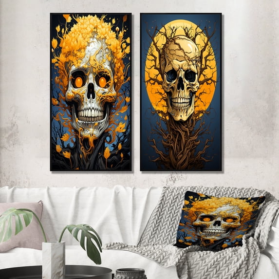 Designart "Funky Halloween Smiling Skull with Yellow Flowers" Skull Framed Wall Art Set Of 2 - Modern Yellow Frame Gallery Set For Office Decor