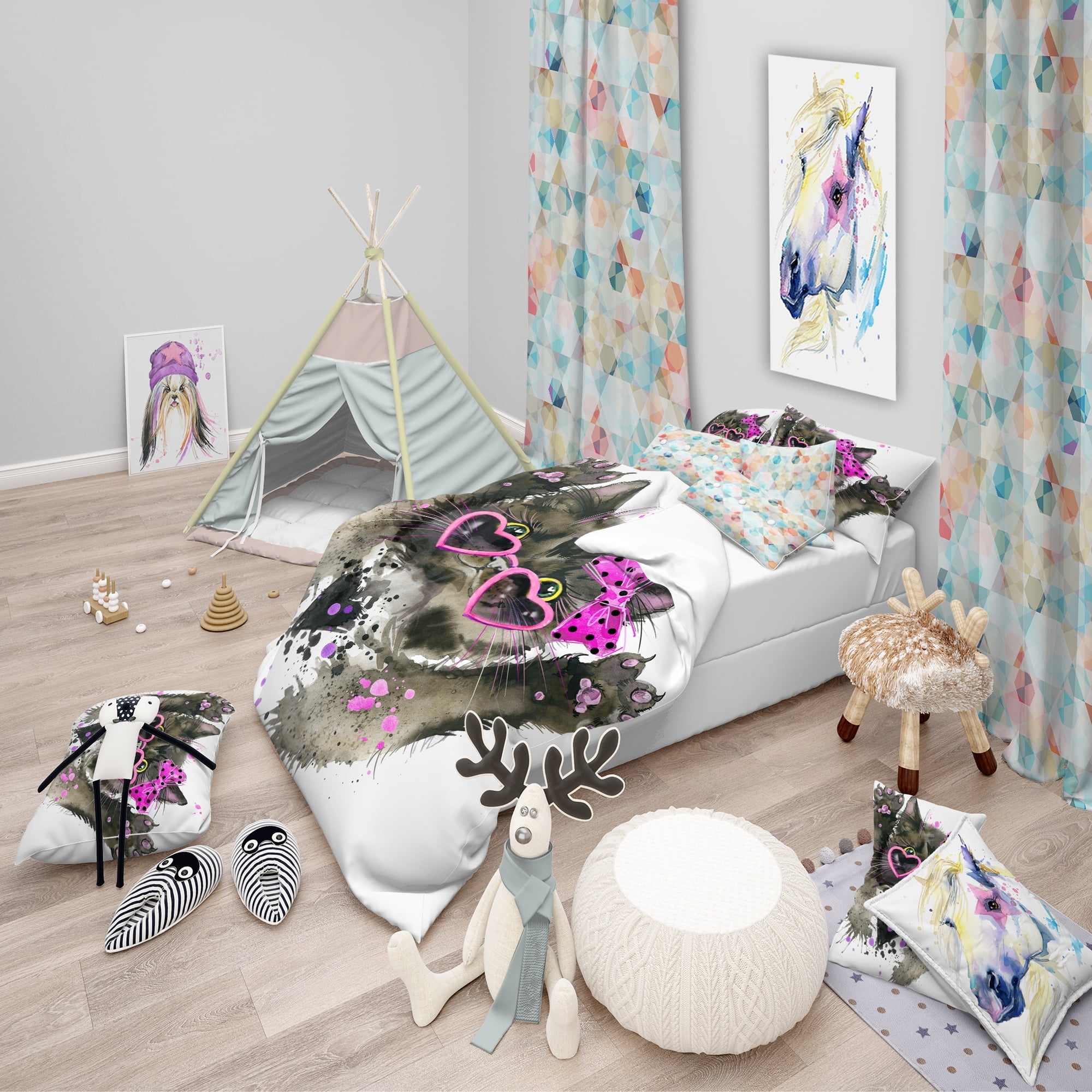 Designart 'Funny Black Cat Illustration' Modern & Contemporary Duvet Cover Set