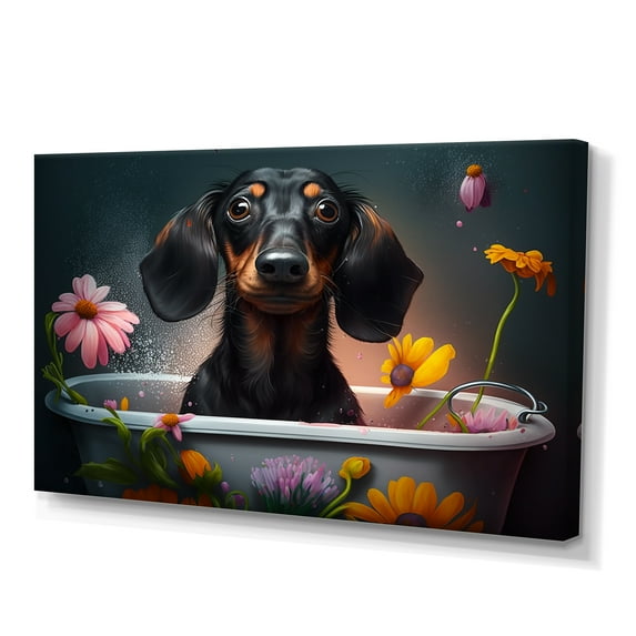 Designart Funny Black Daschund Dog Taking A Flower Bath II Canvas Wall Art