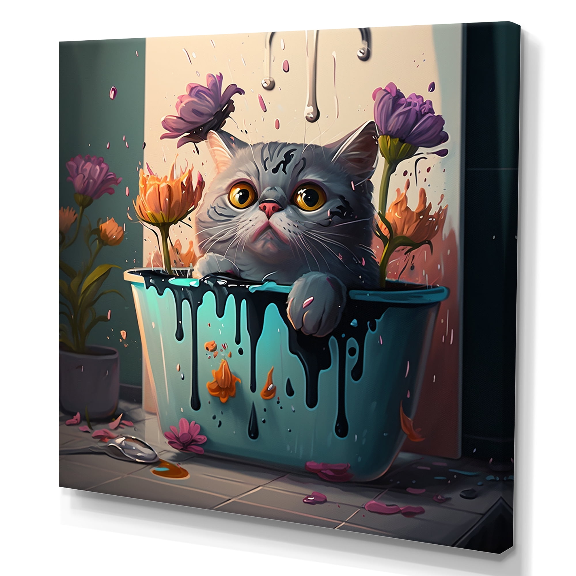 Designart Funny Cat Caricature In The Tub With Flowers I Canvas Wall Art