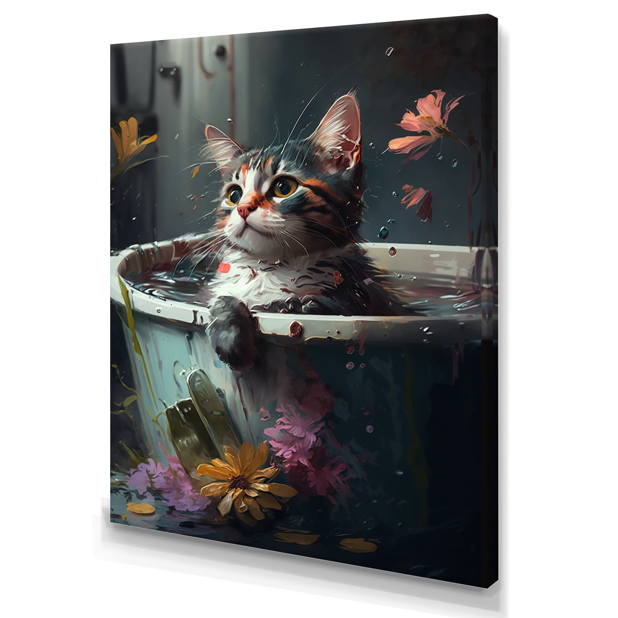 Designart Funny Cat Caricature In The Tub With Flowers II Canvas Wall Art